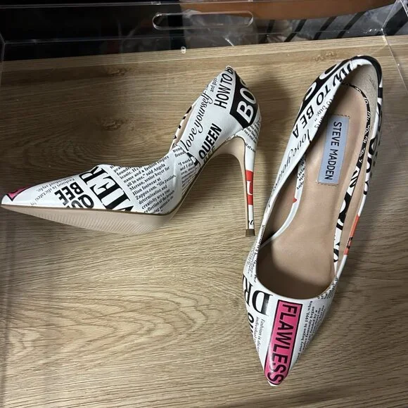 Steve Madden Vala Pumps Heels Newspaper Print Statement Glam Edgy Chic - Picture 2 of 8